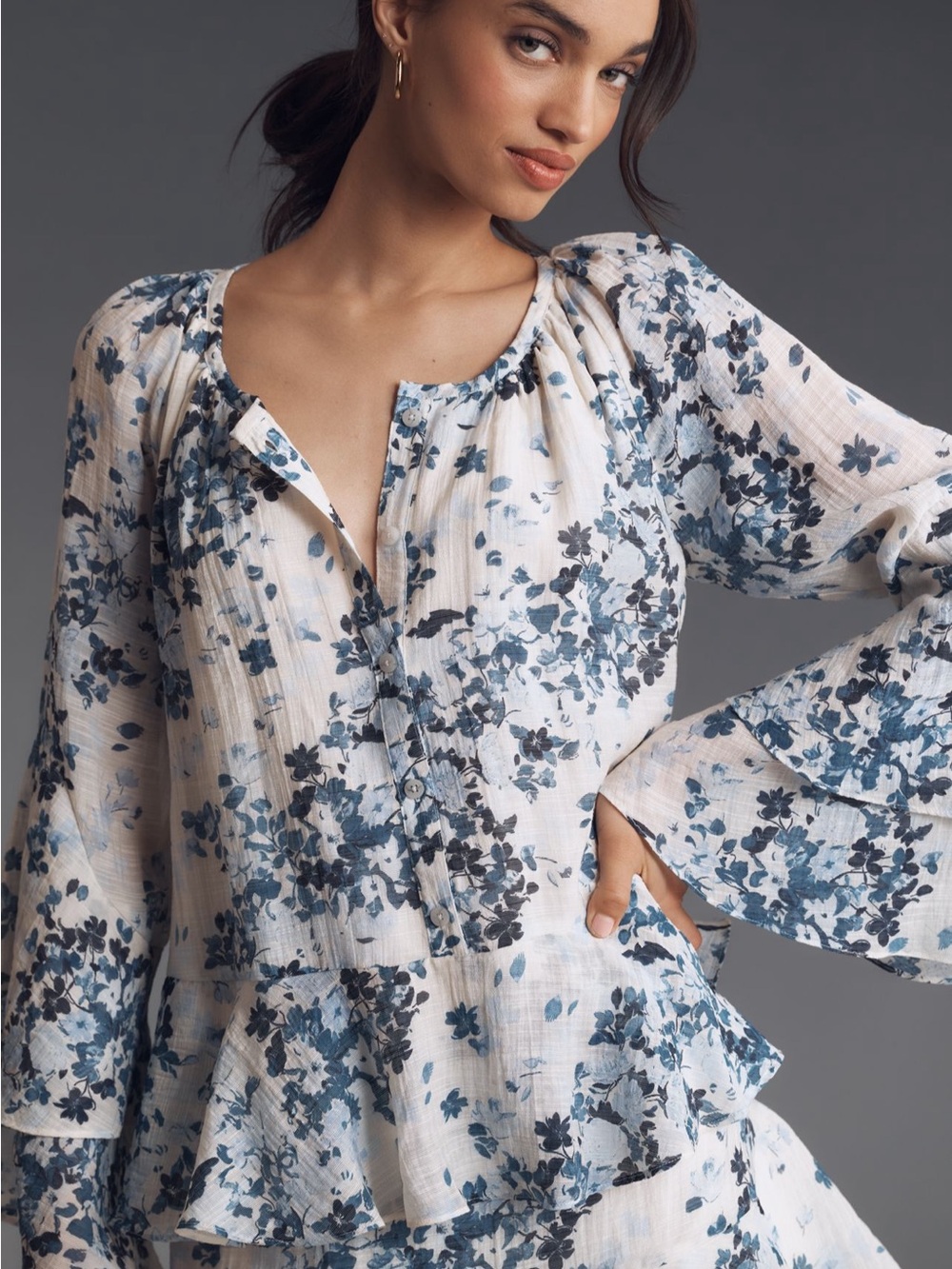 Maeve Cream Mini Dress with Blue Floral Print and Peplum Hem
